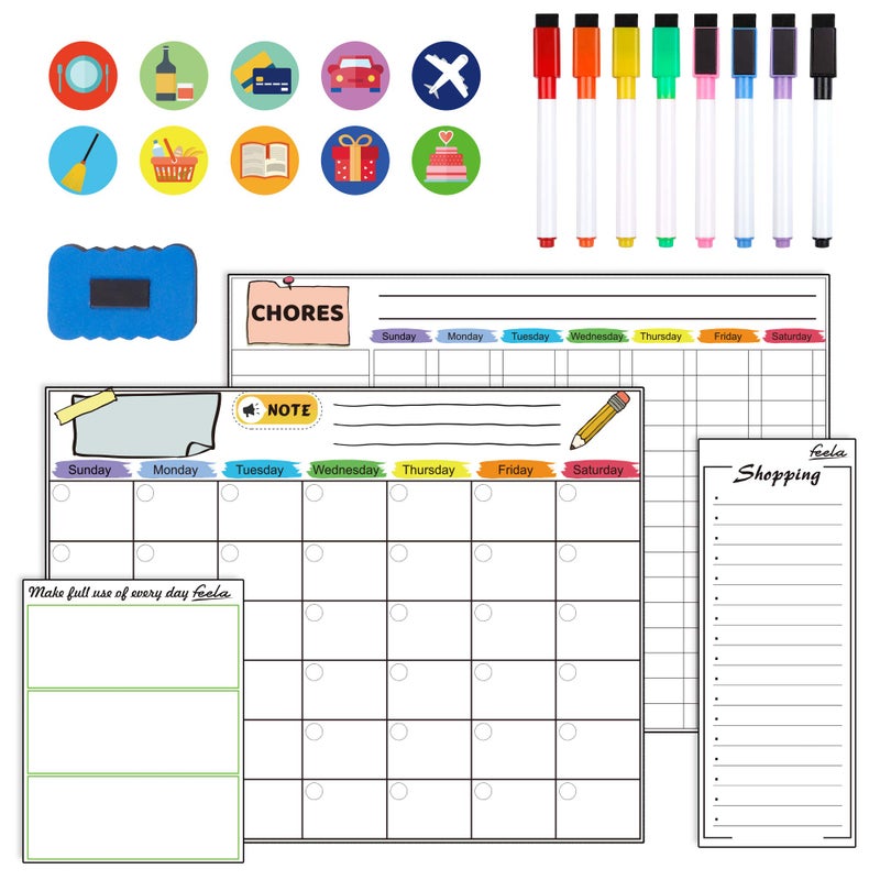 Feela Magnetic Dry Erase 2025 Calendar Kit, 4 Pack Feela Magnetic Whiteboard Calendar for Refrigerator Includes 2 Large 17''x13'' Monthly Chalkboard 1 Grocery List 1 DIY Note for Home Office - Image 1